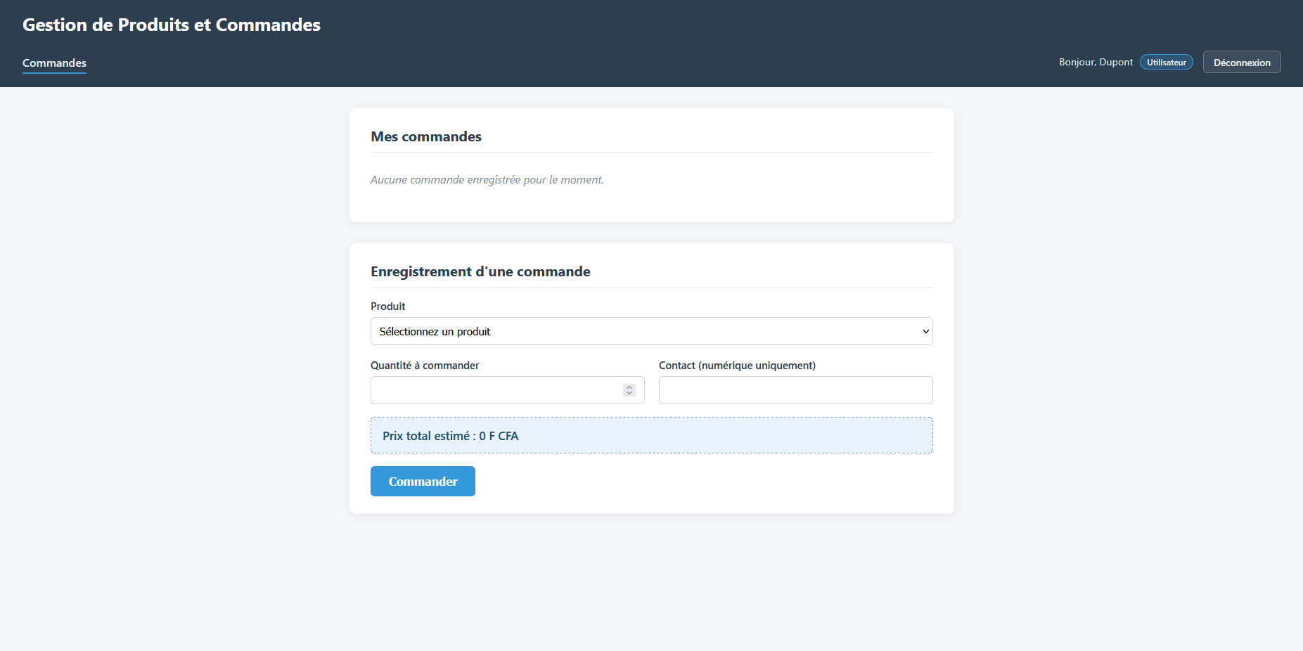 Aperçu illustratif du projet Gestion de produits et commandes